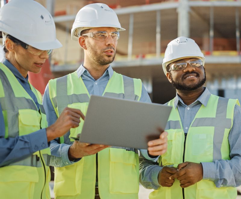 Diverse Team of Specialists Use Laptop on Construction Site